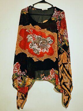 Kessley Sheer Floral Tunic Blouse Boho Poncho Top Black Red Gold Lightweight